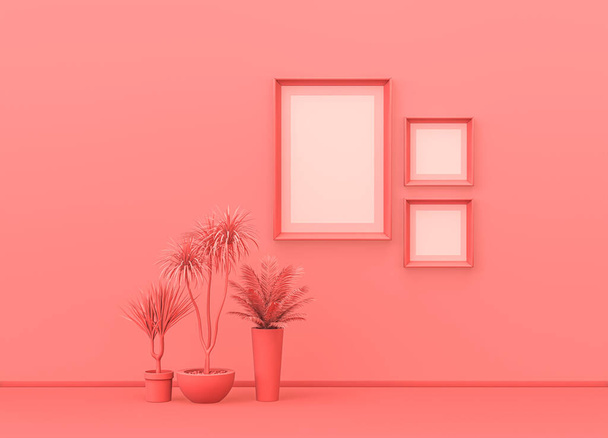 Marco de fotos sala de maquetas en un solo color rosa plano con plantas decorativas y marcos de póster cuadrados y verticales. fondo rosa con espacio de copia. Representación 3D, composición de un solo color - Foto, imagen