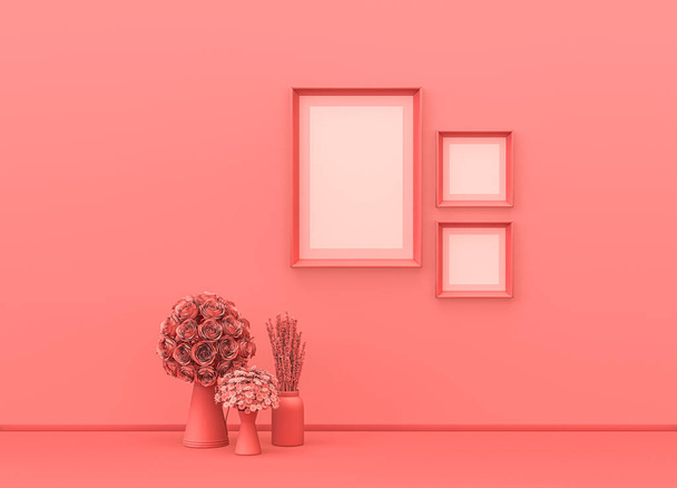 Marco de fotos sala de maquetas en un solo color rosa plano con plantas decorativas y marcos de póster cuadrados y verticales. fondo rosa con espacio de copia. Representación 3D, composición de un solo color - Foto, Imagen