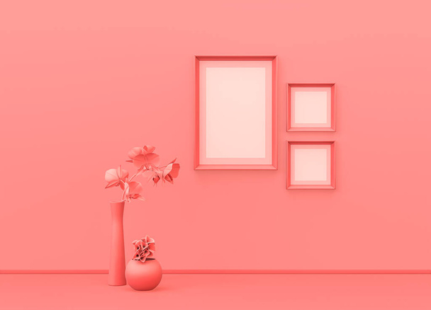 Obrazek ramki makieta pokój w płaskim, różowym kolorze z roślin ozdobnych i kwadratowych i pionowych ramek plakatu. różowy tło z kopia przestrzeń. Rendering 3D, Pojedynczy skład kolorów - Zdjęcie, obraz