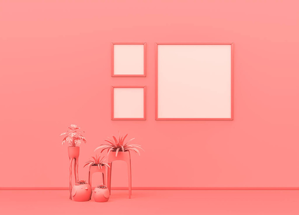 Pokój makieta ramki plakat w płaskim monochromatycznym kolorze różowym z dekoracyjnymi wazonami, roślinami i kwadratowymi ramkami obrazu. Lekkie tło z przestrzenią do kopiowania. Renderowanie 3D, ramki na ścianę - Zdjęcie, obraz