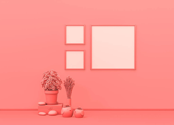 Pokój makieta ramki plakat w płaskim monochromatycznym kolorze różowym z dekoracyjnymi wazonami, roślinami i kwadratowymi ramkami obrazu. Lekkie tło z przestrzenią do kopiowania. Renderowanie 3D, ramki na ścianę - Zdjęcie, obraz