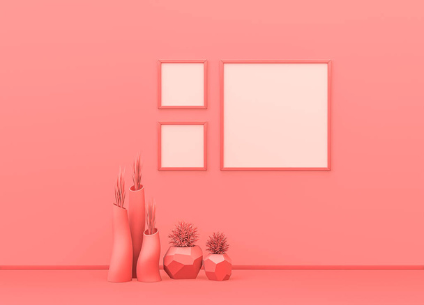 Cartel marco sala de maquetas en color rosa monocromo plano con jarrones decorativos, plantas y marcos de cuadros cuadrados. Fondo ligero con espacio de copia. Representación 3D, marcos de imágenes en la pared - Foto, imagen