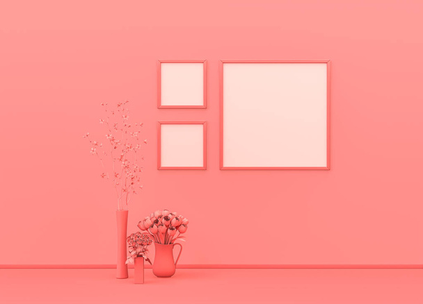 Poster frame mock-up room in flat monochrome pink color with decorative vases, plants and square picture frames. Light background with copy space. 3D rendering, picture frames on wall - Photo, Image
