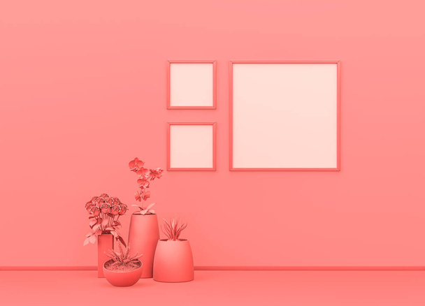 Juliste runko mallihuone tasainen yksivärinen vaaleanpunainen väri koriste maljakoita, kasveja ja neliön kuvakehyksiä. Valo tausta kopioi tilaa. 3D-renderöinti, kuvakehykset seinällä - Valokuva, kuva