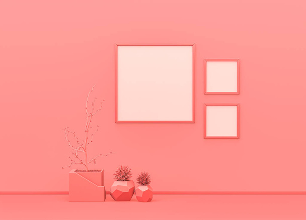 Плакатная рамка макета комнаты в плоском монохромном розовом цвете с декоративными вазами, растениями и квадратными рамками. Светлый фон с пространством для копирования. 3D рендеринг, рамы на стене - Фото, изображение
