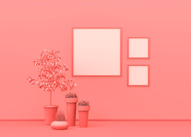 Képkeret mock-up szoba lapos, rózsaszín színű dísznövényekkel és négyzet alakú képkeretekkel. rózsaszín háttér másolási hellyel. 3D renderelés, Egyszínű összetétel - Fotó, kép