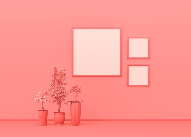 Bilderrahmen-Attrappe in flacher, einzelner rosa Farbe mit dekorativen Pflanzen und quadratischen Bilderrahmen. rosa Hintergrund mit Kopierraum. 3D-Rendering, Einfarbige Zusammensetzung - Foto, Bild