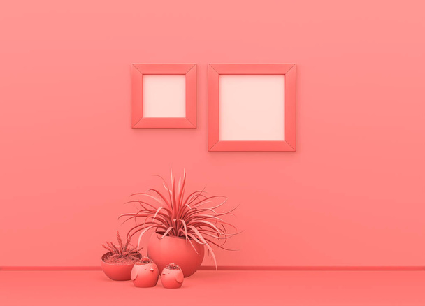 Marco de fotos sala de maquetas en un solo color rosa plano con plantas decorativas y marcos cuadrados. fondo rosa con espacio de copia. Representación 3D, composición de un solo color - Foto, Imagen