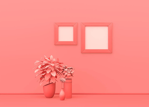 Obrazek ramki makieta pokój w płaskim, różowym kolorze z roślin ozdobnych i kwadratowe ramki obraz. różowy tło z kopia przestrzeń. Rendering 3D, Pojedynczy skład kolorów - Zdjęcie, obraz