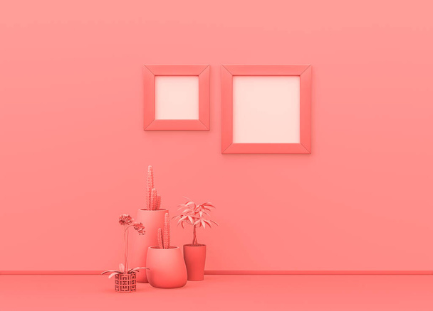 Obrazek ramki makieta pokój w płaskim, różowym kolorze z roślin ozdobnych i kwadratowe ramki obraz. różowy tło z kopia przestrzeń. Rendering 3D, Pojedynczy skład kolorów - Zdjęcie, obraz