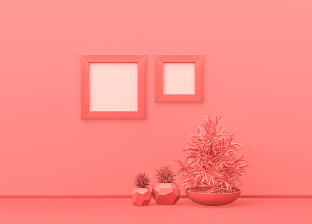 Cadres carrés sur le mur de couleur rose avec des plantes sur le sol. composition monochrome fond rose avec espace de copie. rendu 3D, scène de maquette d'affiche - Photo, image