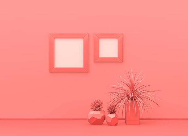 Square picture frames on pink color wall with plants on the ground. monochrome composition pink background with copy space. 3D rendering, poster mock-up scene - Photo, Image