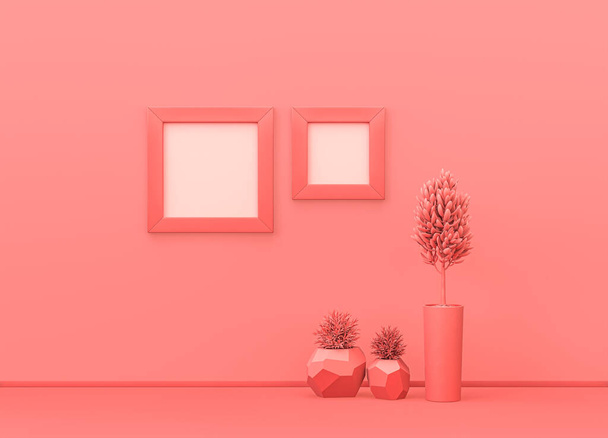 Cornici quadrate su parete di colore rosa con piante a terra. composizione monocromatica sfondo rosa con spazio copia. Rendering 3D, scena modello poster - Foto, immagini