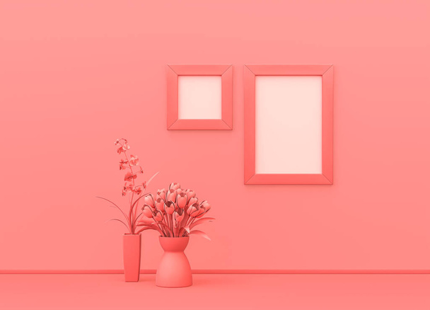 Marco de fotos sala de maquetas en un solo color rosa plano con plantas decorativas y marcos de póster cuadrados y verticales. fondo rosa con espacio de copia. Representación 3D, composición de un solo color - Foto, imagen
