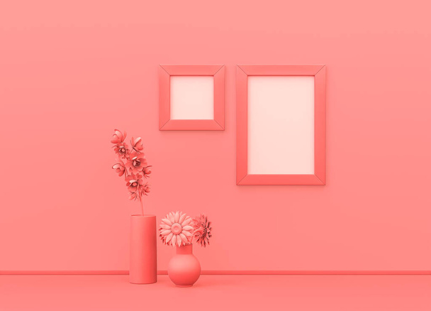 Kwadratowe i pionowe ramki plakatowe na różowej ścianie z roślinami na ziemi. monochromatyczna kompozycja różowe tło z przestrzenią do kopiowania. Renderowanie 3D, scena makiety plakatu - Zdjęcie, obraz