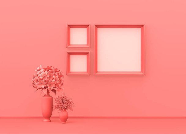 Sala interna in tinta unita rosa monocromatica con cornici quadrate grandi e piccole, vasi decorativi e piante da casa. Sfondo chiaro con spazio di copia. Rendering 3D, fotogramma poster scena modello - Foto, immagini