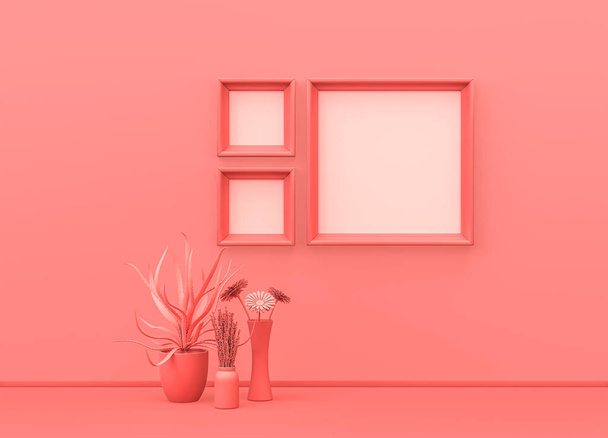 Sisustus huone tavallinen yksivärinen vaaleanpunainen väri iso ja pieni neliö kuvakehyksiä, koriste maljakoita ja talon kasveja. Valo tausta kopioi tilaa. 3D-mallinnus, julistekehys mallikohtaus - Valokuva, kuva