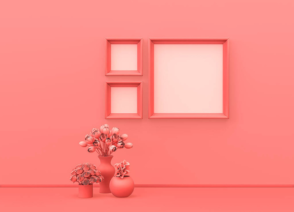 Habitación interior en color rosa monocromo liso con marcos cuadrados grandes y pequeños, jarrones decorativos y plantas de la casa. Fondo ligero con espacio de copia. Representación 3D, marco de póster escena simulada - Foto, imagen