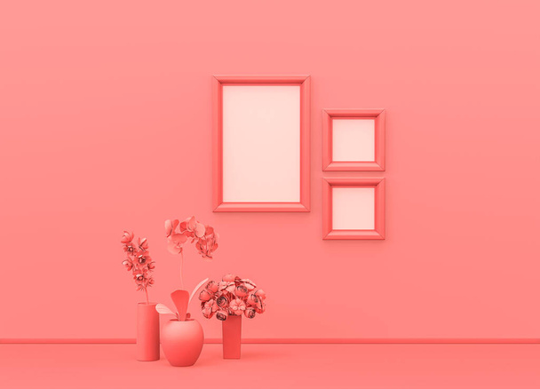 Habitación interior en color rosa monocromo liso con marcos cuadrados y verticales, jarrones decorativos y plantas de la casa. Fondo ligero con espacio de copia. Representación 3D, marco de póster escena simulada - Foto, imagen