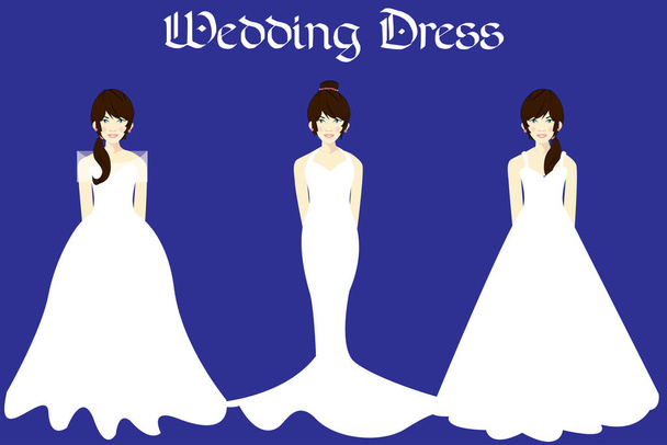 Vektor Esküvői ruhák Különböző stílusok haj. Gyönyörű menyasszonyi ruha az esküvő napján egy vállfán. Elegáns fehér ruha sziluett. - Vektor, kép