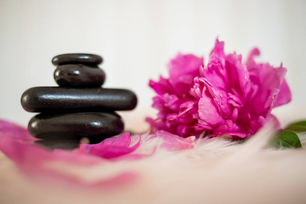 Masaj taşları ve çiçeklerle masaj dekorasyonu - Fotoğraf, Görsel