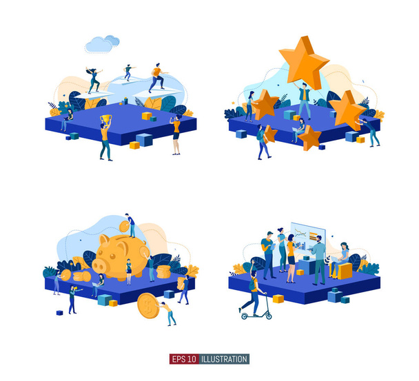 Trendy flat illustration set. Teamwork metaphor. Customer review. Cooperation of people who implement the joint idea. Banking service. Template for your design works. Vector graphics. - Vector, Image