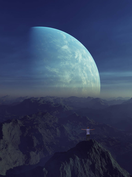 3D Yapılandırılmış Uzay Sanatı: Uzaylı Gezegeni - Gezegen ve mavi gökyüzü ile Fantezi Arazisi - Fotoğraf, Görsel