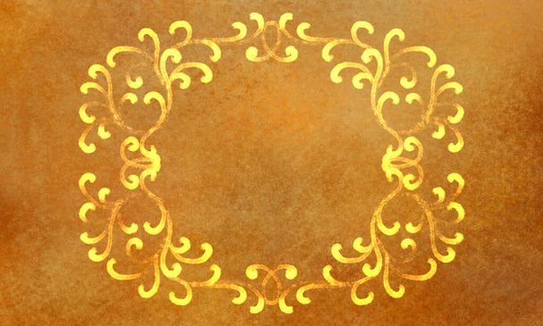 gouden vintage frame in oude stijl, met oranje gele achtergrond en frame gemaakt met penseelstreken. Victoriaanse stijl, elegante achtergrond voor banners, uitnodigingen, labels, scrapbooking - Foto, afbeelding