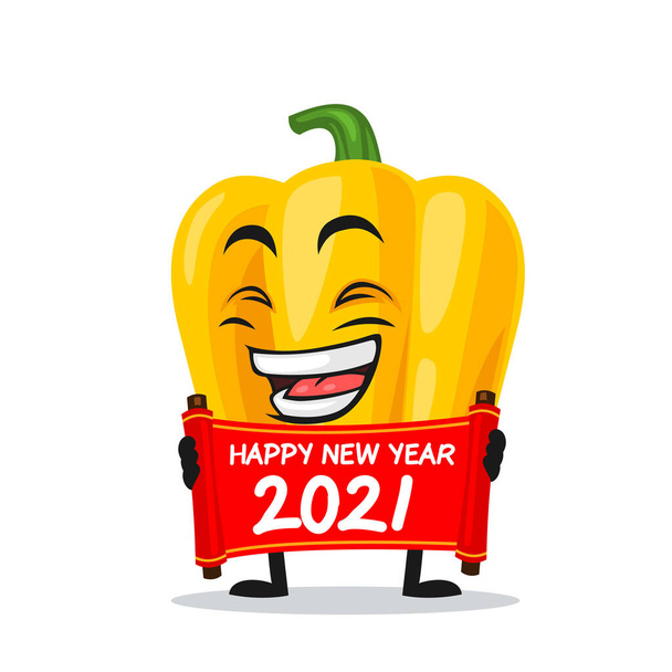 ilustración vectorial de la mascota del pimentón o personaje que sostiene el pergamino rojo y decir feliz año nuevo - Vector, imagen