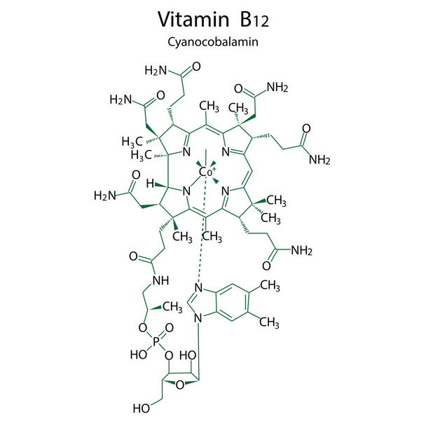 Plochý vitamin b12 vzorec pro lékařský design. Ilustrace pro lékařský design. Molekulární struktura. Ilustrace vektoru metabolismu.  - Vektor, obrázek