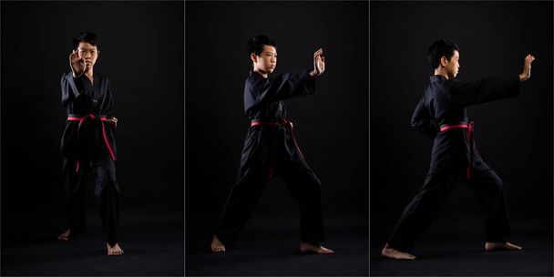 Master Red Black Belt TaeKwondo karate poika, joka on urheilija nuori teini näyttää perinteinen Taistelu aiheuttaa urheilu mekko, musta tausta eristetty, täyspitkä kollaasi kolme kuvaa - Valokuva, kuva