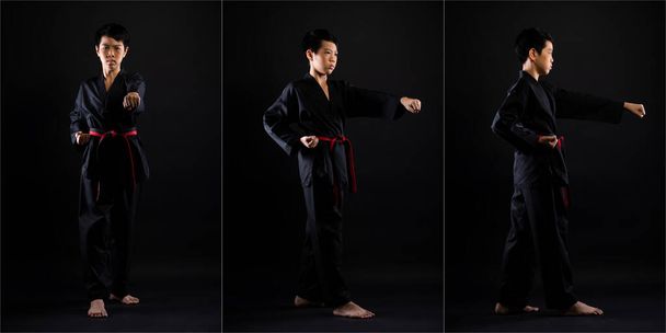Master Red Black Belt TaeKwonDo Karate boy who is athlete young teenager show traditional Fighting poses in sport dress, black background isolated, full length collage three photos - Photo, Image