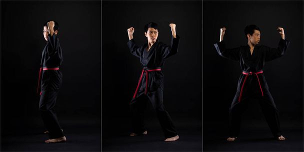 Master Red Black Belt TaeKwonDo Karate αγόρι που είναι αθλητής νεαρός έφηβος δείχνουν παραδοσιακά Καταπολέμηση θέτει σε αθλητικό φόρεμα, μαύρο φόντο απομονώνονται, full length κολάζ τρεις φωτογραφίες - Φωτογραφία, εικόνα