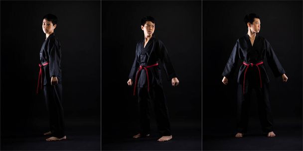 Master Red Black Belt TaeKwonDo Karate chlapec, který je sportovec mladý teenager show tradiční bojové pózy ve sportovních šatech, černé pozadí izolované, plná délka koláž tři fotky - Fotografie, Obrázek
