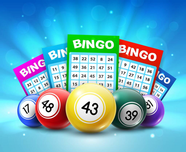 Bolas de loteria e bilhetes, 3d vetor bingo cartões de loteria com números, keno jogos de azar. Bolas realistas coloridas e apostas com números de sorte, indústria de jogos e design de publicidade de cassino - Vetor, Imagem