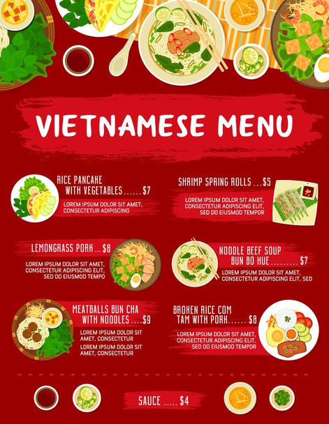 Vietnamese restaurant maaltijden menu design template. Rijst pannenkoek met groenten, citroengras varkensvlees en garnalen loempia 's, gehaktballen Bun Cha met noedels, gebroken rijst Com Tam en rundvlees soep Bun bo Hue vector - Vector, afbeelding