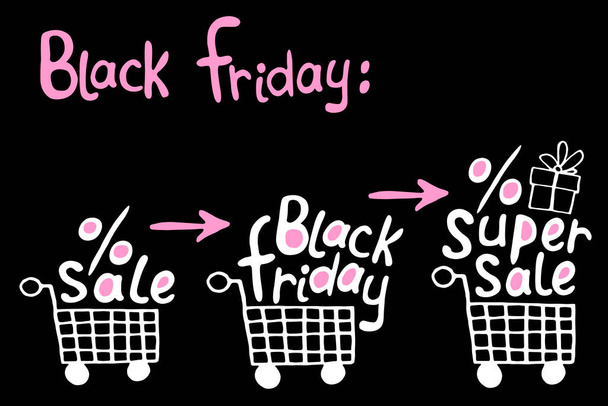 Set of Vector Shopping carts with image of gift boxes with letterings Best price, Super Sale. Hand drawn poster, title or design element in doodle flat style on theme of Black Friday, buys, discounts. - Vector, Image