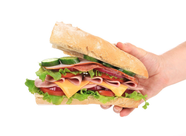 Big fresh sandwich in hands - Фото, зображення