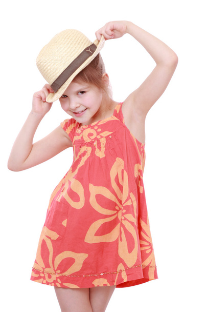Girl in summer dress and straw hat - Φωτογραφία, εικόνα