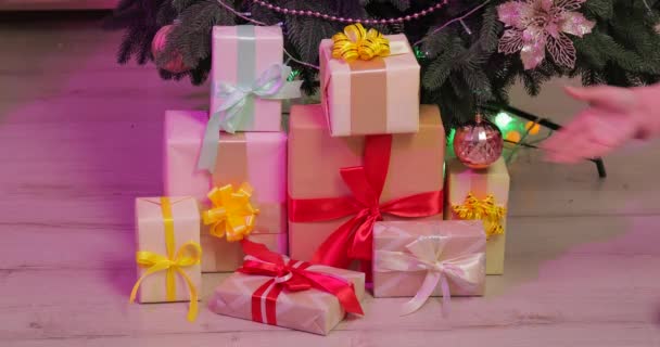 Donne che prendono regali da sotto l'albero di Natale a casa - Filmati, video