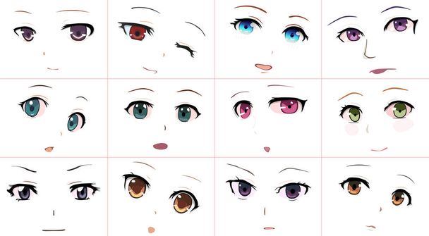 Set of Vector Cartoon Anime Style Expressions Обличчя Каваї. Різні очі, рот, брови. Джой. Гнів. Спокійність. Дівчина-аніме на япанесі. Стиль аніме, намальовані векторні ілюстрації. Скетч. Встановлено ізольовані векторні зображення. Ручний вектор - Вектор, зображення