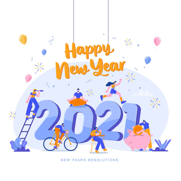 Feliz año nuevo 2021. Objetivos y resoluciones 2021 ilustración conceptual. personas diminutas que se divierten con sus objetivos en 2021 - Vector, imagen
