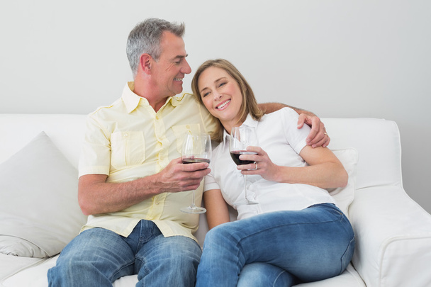 Couple with wine glasses sitting on sofa - 写真・画像