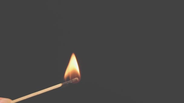 Een brandende lucifer brandt met rook op een grijze achtergrond. Concept van slow-motion video met vuur. De hand steekt een lucifer aan. - Video