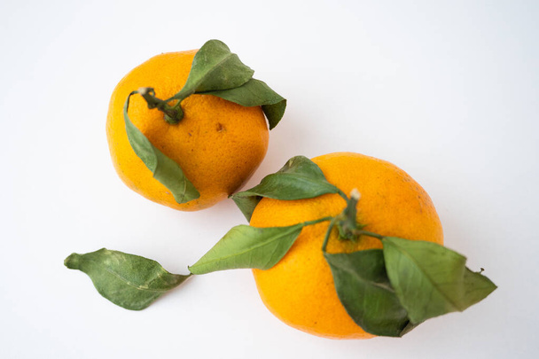 Mandarin Photo fruit citrus orange with leaves top view - Photo, Image