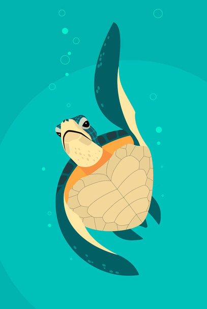 A green and yellow sea turtle rises from the depths of the sea to the surface, stylized image - Vector, Image