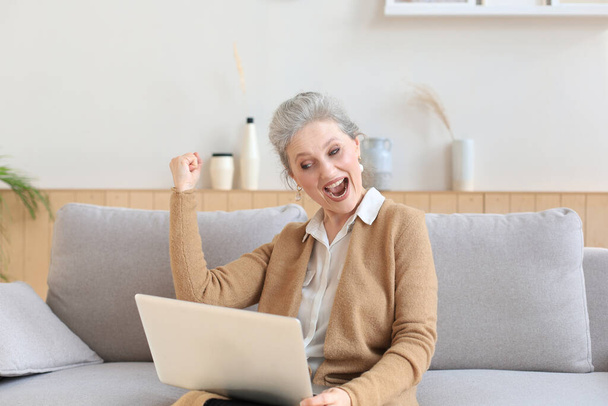 Happy mature woman celebrating online win using laptop sitting on couch at home - Foto, Imagem