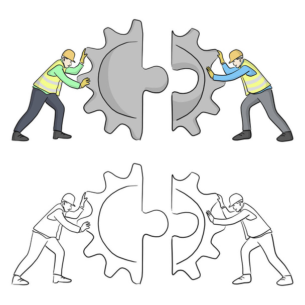 engineer put the geer jigsaw puzzle together vector illustration sketch doodle hand drawn with black lines isolated on white background. Teamwork concept. - Vector, Image