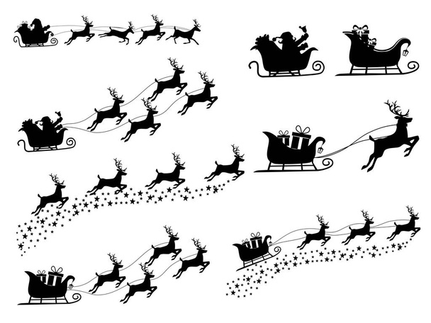 set di Silhouette Babbo Natale su una slitta di renne. isolare su sfondo bianco. Illustrazione vettoriale eps - Vettoriali, immagini