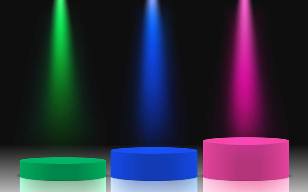 színes pódium és színes reflektorfény a sötét szobában - Vektor, kép